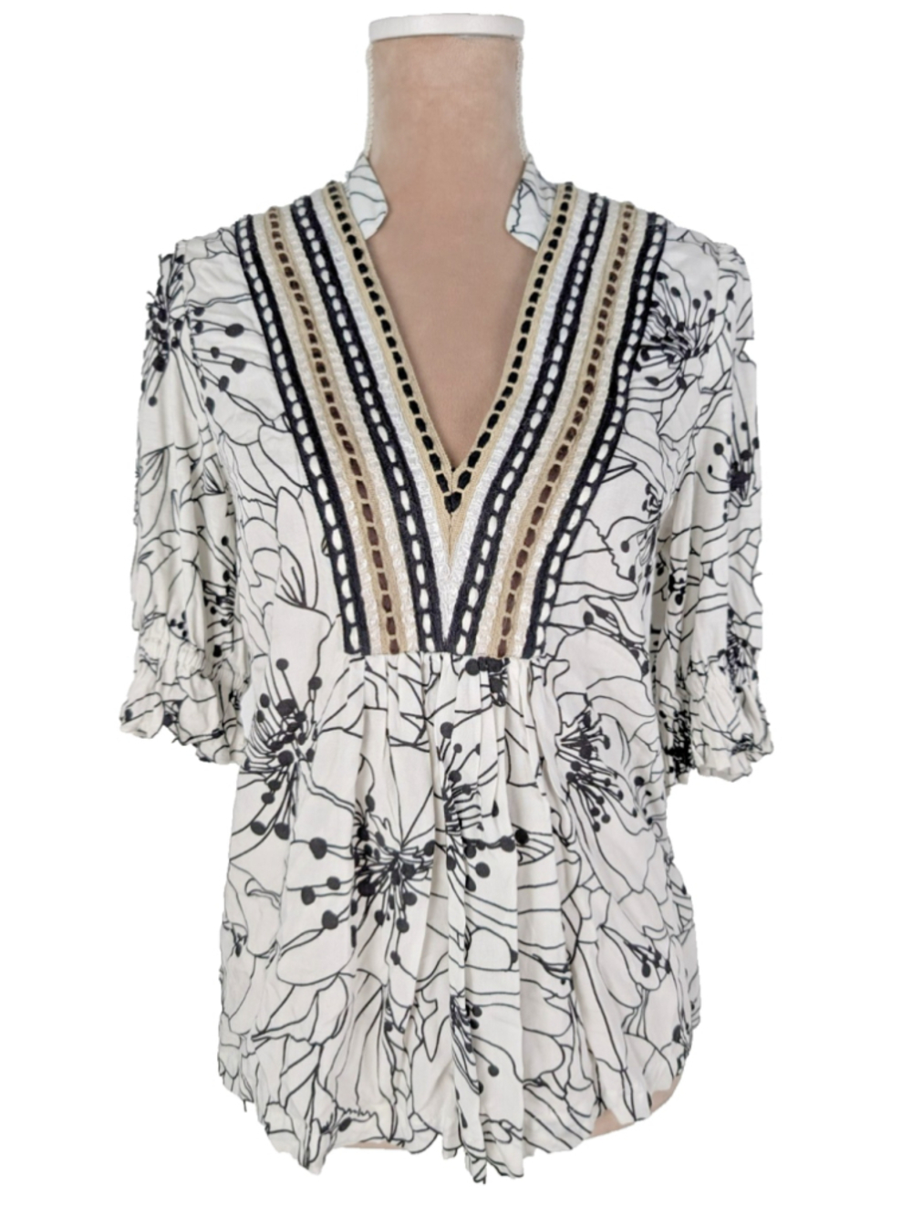 Anthropologie Blank London Stephanie Peplum Top Blouse Sz XS Black White Boho